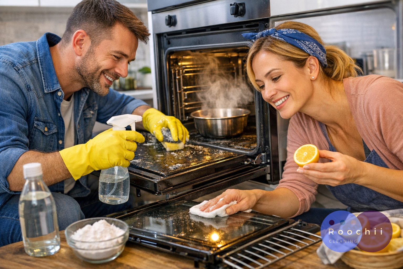 how to clean your oven using natural methods with baking soda, vinegar, and lemon while scrubbing oven racks and glass door