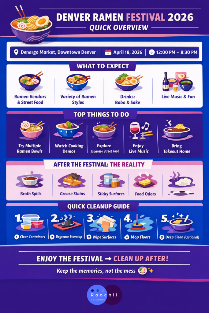 Denver Ramen Festival 2026 infographic showing event details, activities, food highlights, and post-festival cleanup tips in a colorful layout