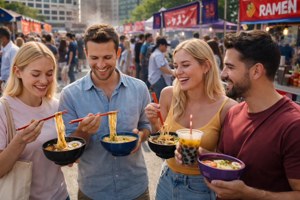 Group of friends enjoying ramen and drinks at an outdoor Denver Ramen Festival 2026 with food stalls and city crowd in the background