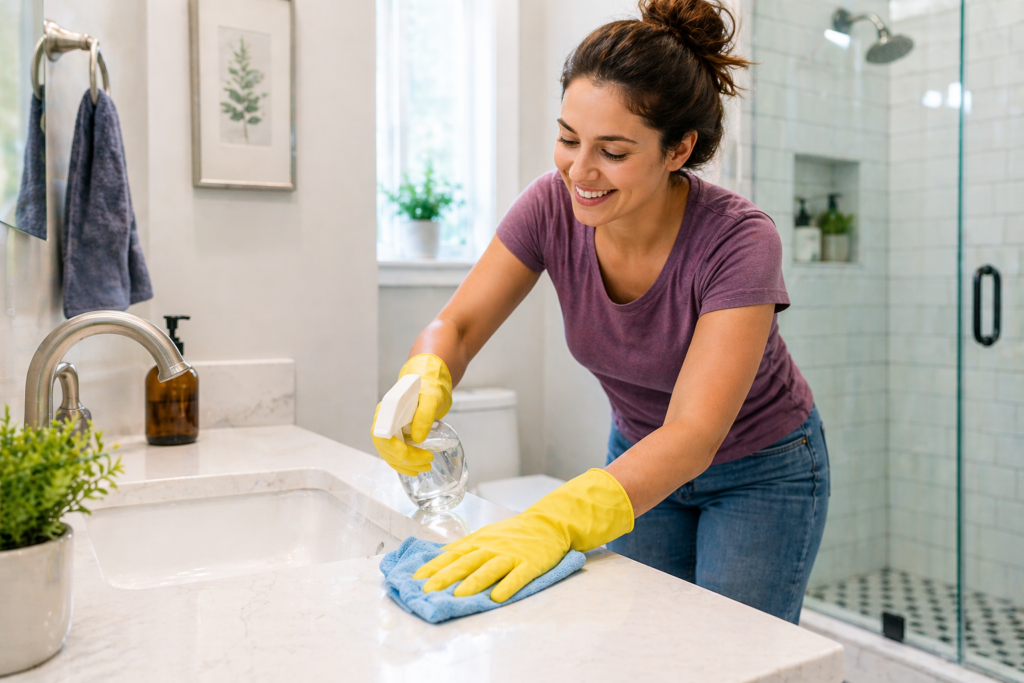How Much Water to Vinegar for Cleaning: Easy Ratio Guide 46 Woman cleaning bathroom sink with vinegar solution showing how much water to vinegar for cleaning surfaces