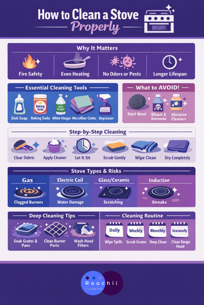 How to clean a stove properly infographic showing cleaning tools, steps, stove types, and maintenance routine