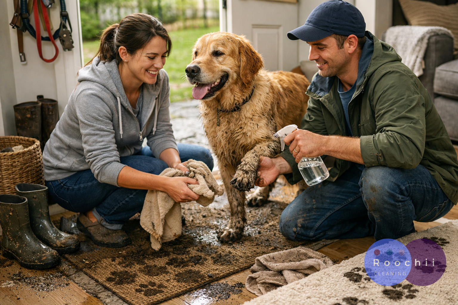 How to Clean Muddy Paws & Protect Your Home 1 Pet owners cleaning muddy dog paws at the door using a towel and spray to prevent dirt from spreading inside the home