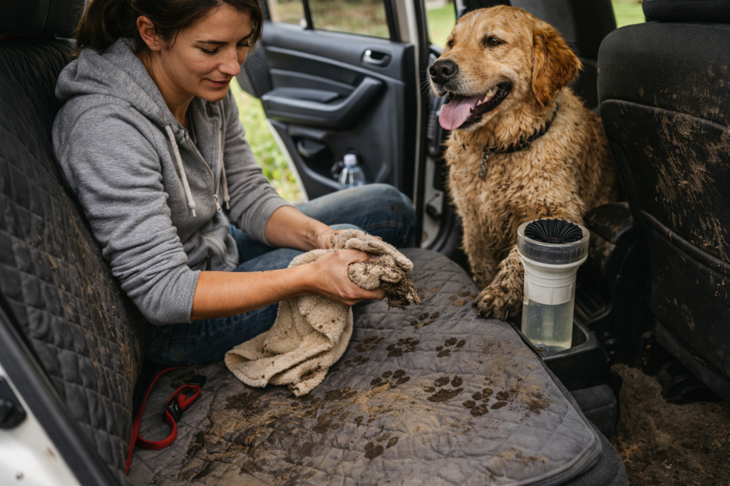 How to Clean Muddy Paws & Protect Your Home 59 Dog owner cleaning muddy paws inside a car using a towel while removing dirt from car seat after outdoor activity