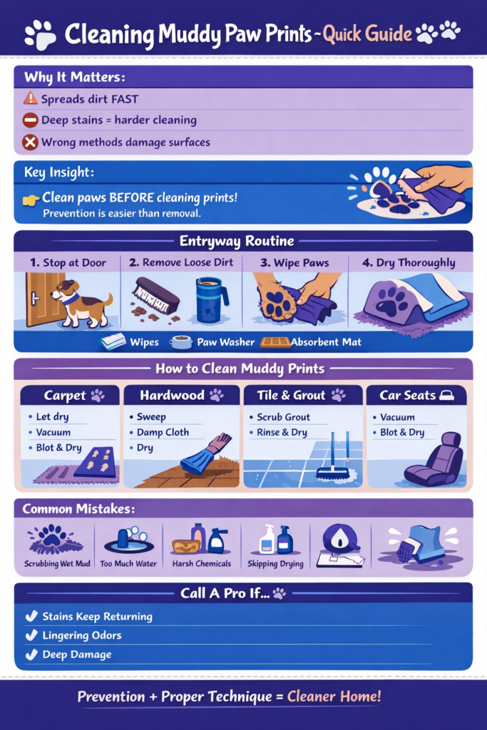 Infographic showing how to clean muddy paws with entryway steps, surface cleaning methods for carpet, hardwood, tile, and car seats, plus common mistakes to avoid