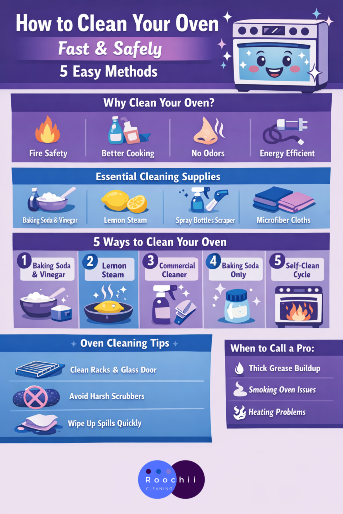 How to clean your oven fast and safely infographic showing 5 methods, cleaning supplies, safety benefits, and maintenance tips