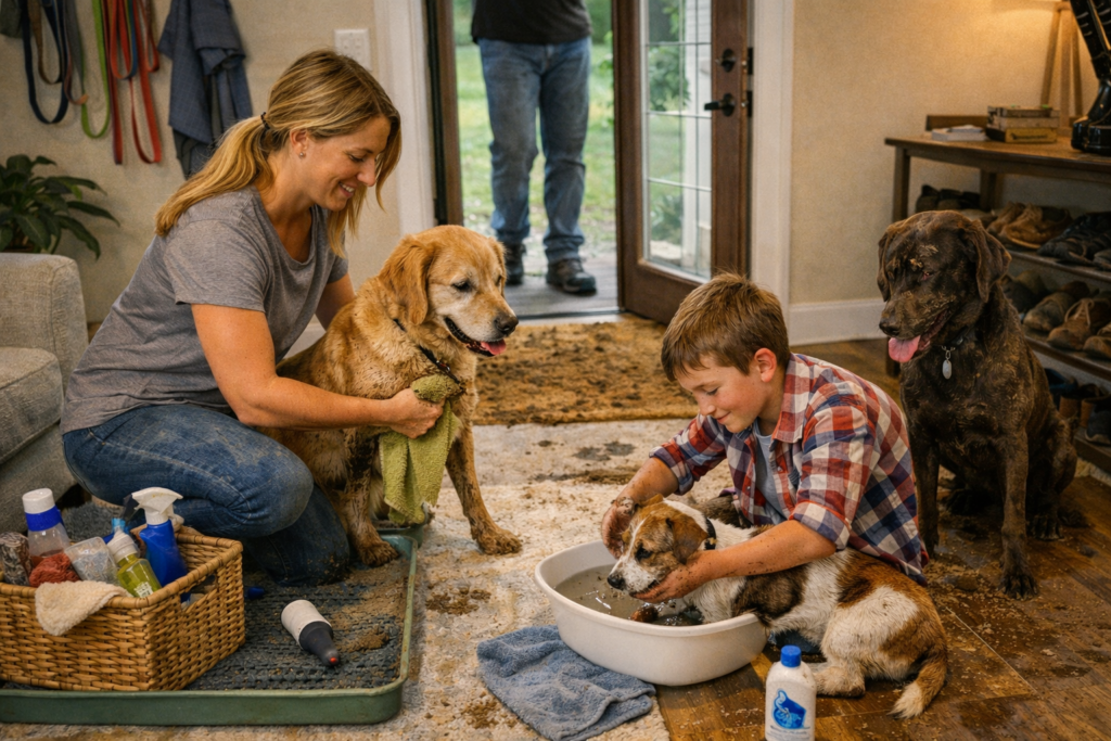 Keeping House Clean with Multiple Dogs: Proven Systems That Actually Work 84 Family cleaning muddy dogs at the entryway to help with keeping house clean with multiple dogs