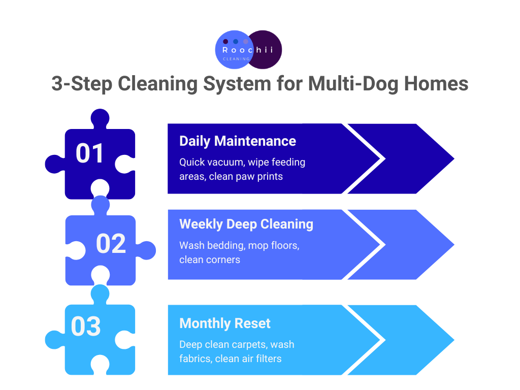Keeping House Clean with Multiple Dogs: Proven Systems That Actually Work 3 3 step system for keeping house clean with multiple dogs including daily maintenance weekly cleaning and monthly reset