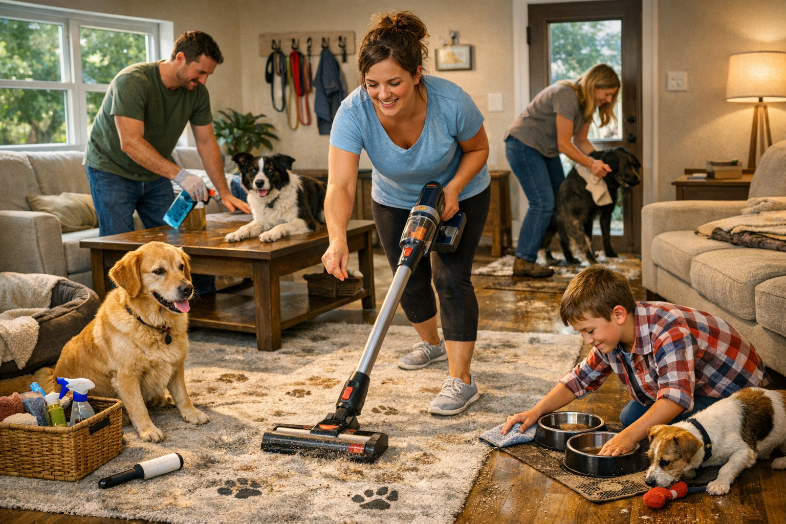 Keeping House Clean with Multiple Dogs: Proven Systems That Actually Work 1 Family vacuuming and cleaning living room with multiple dogs to support keeping house clean with multiple dogs