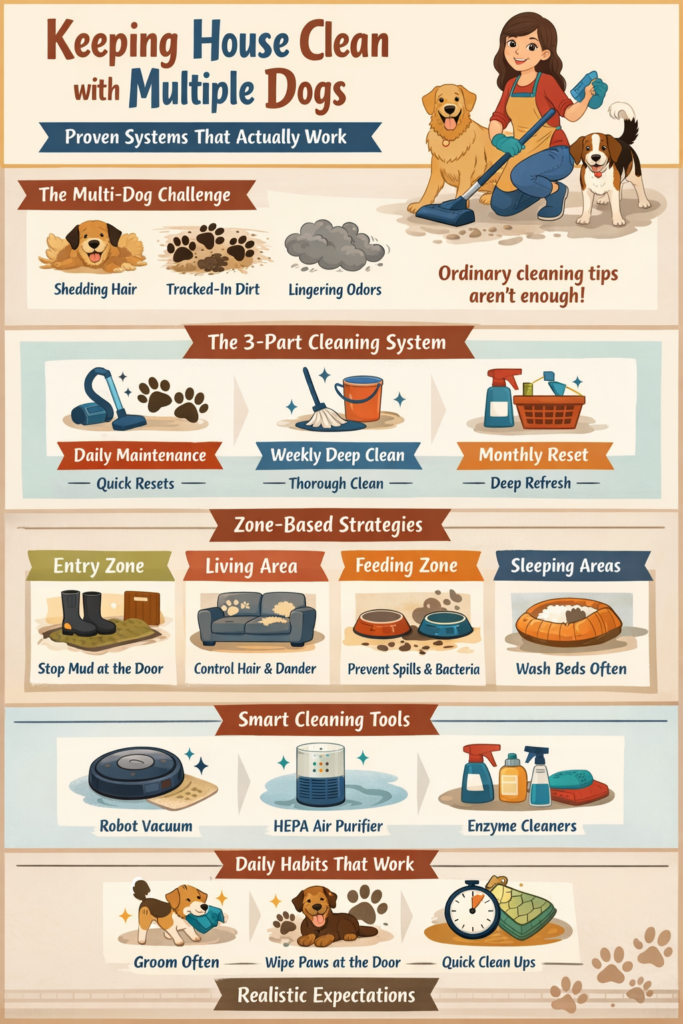 Infographic showing systems for keeping house clean with multiple dogs including cleaning routines zones tools and daily habits