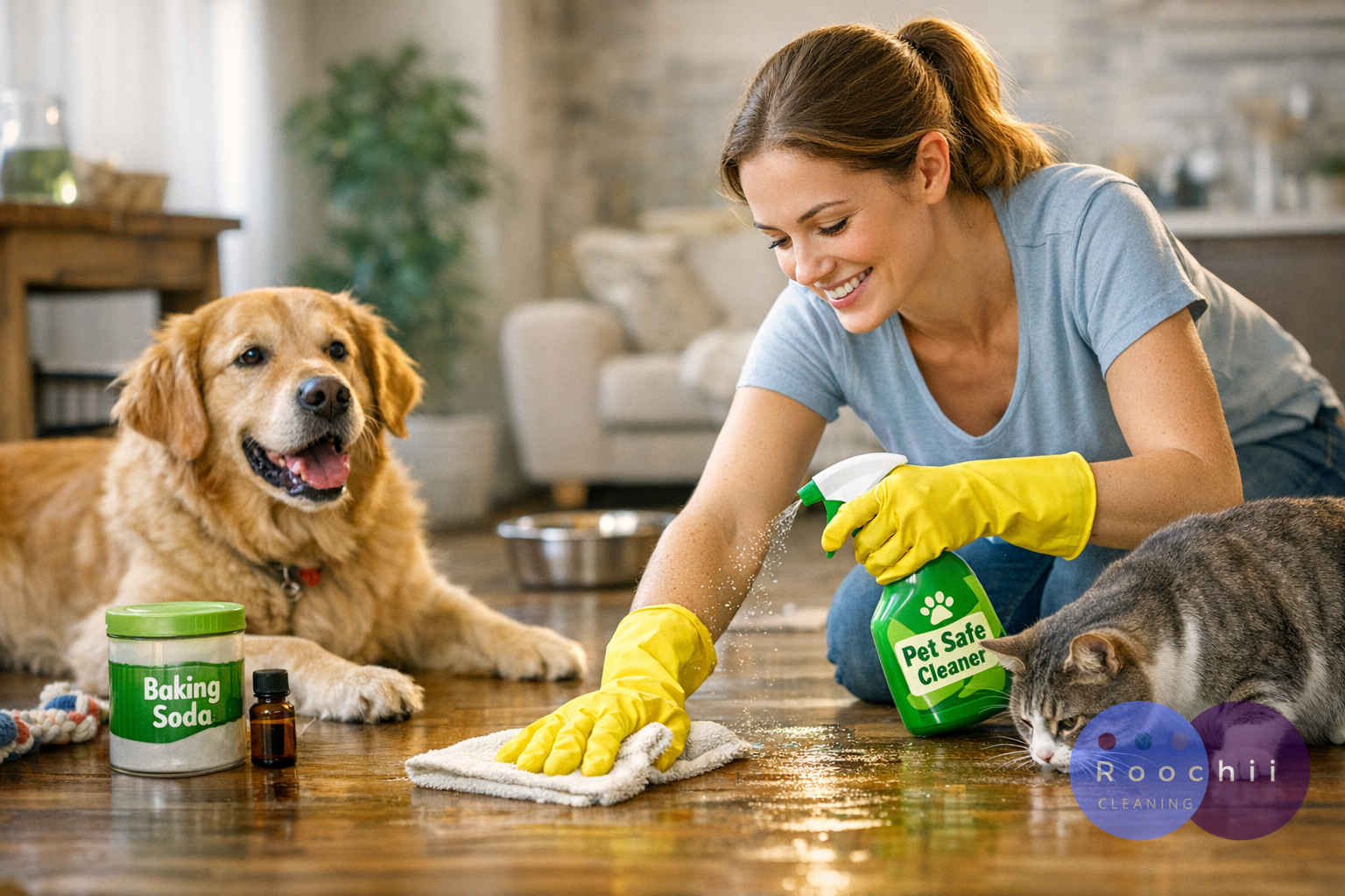 The Ultimate Guide to Pet Safe Floor Cleaners (Non-Toxic, Vet-Approved & Effective) 1 Using pet safe floor cleaners on hardwood floor with dog and cat nearby
