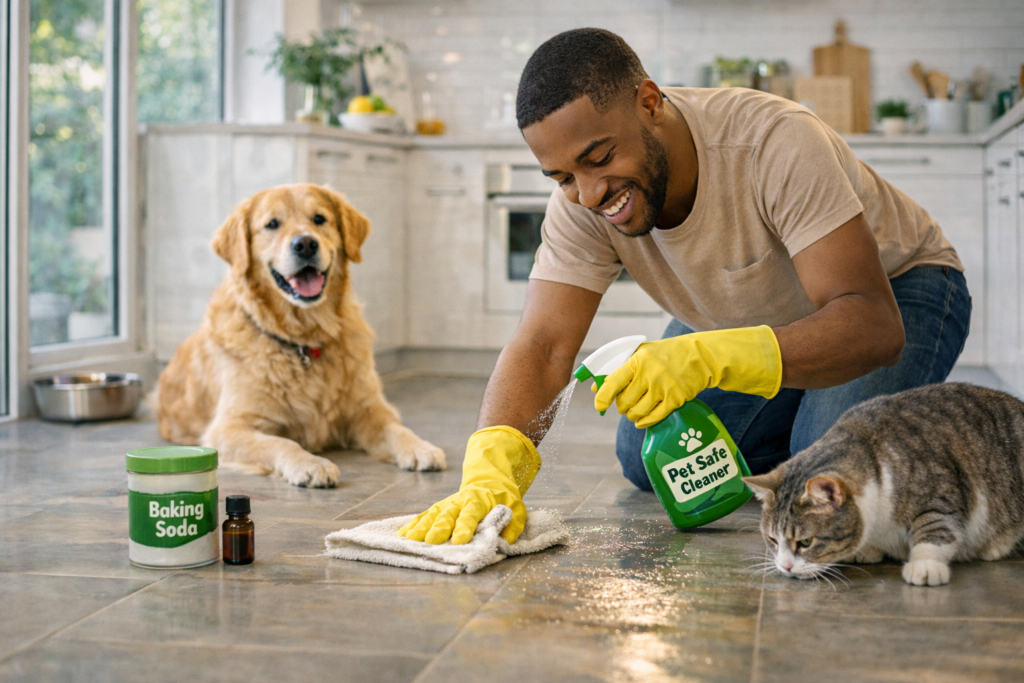 The Ultimate Guide to Pet Safe Floor Cleaners (Non-Toxic, Vet-Approved & Effective) 78 Pet safe floor cleaners being used to clean tile floor near dog and cat