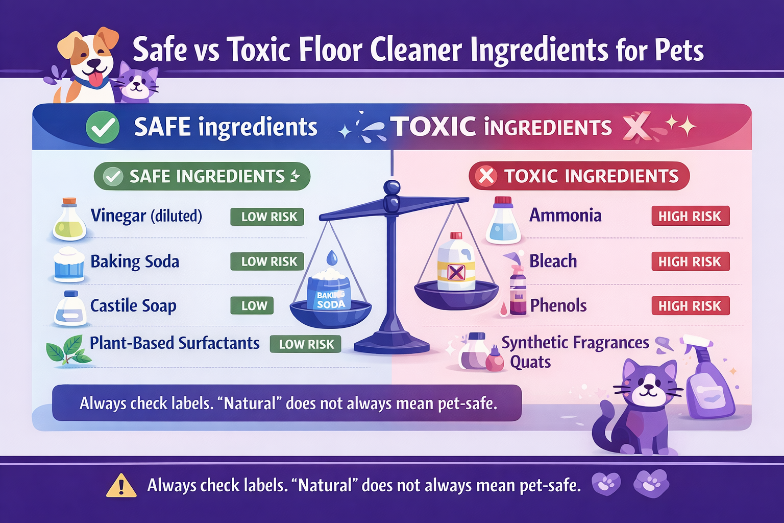 The Ultimate Guide to Pet Safe Floor Cleaners (Non-Toxic, Vet-Approved & Effective) 3 Pet safe floor cleaners comparison of safe and toxic ingredients