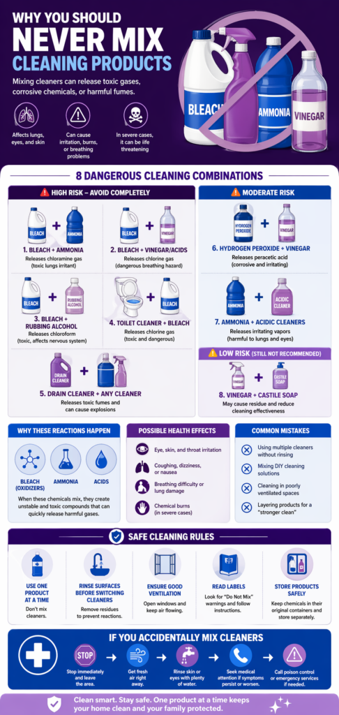 Infographic showing what cleaning products should not be mixed, including 8 dangerous combinations like bleach and ammonia, and their health risks