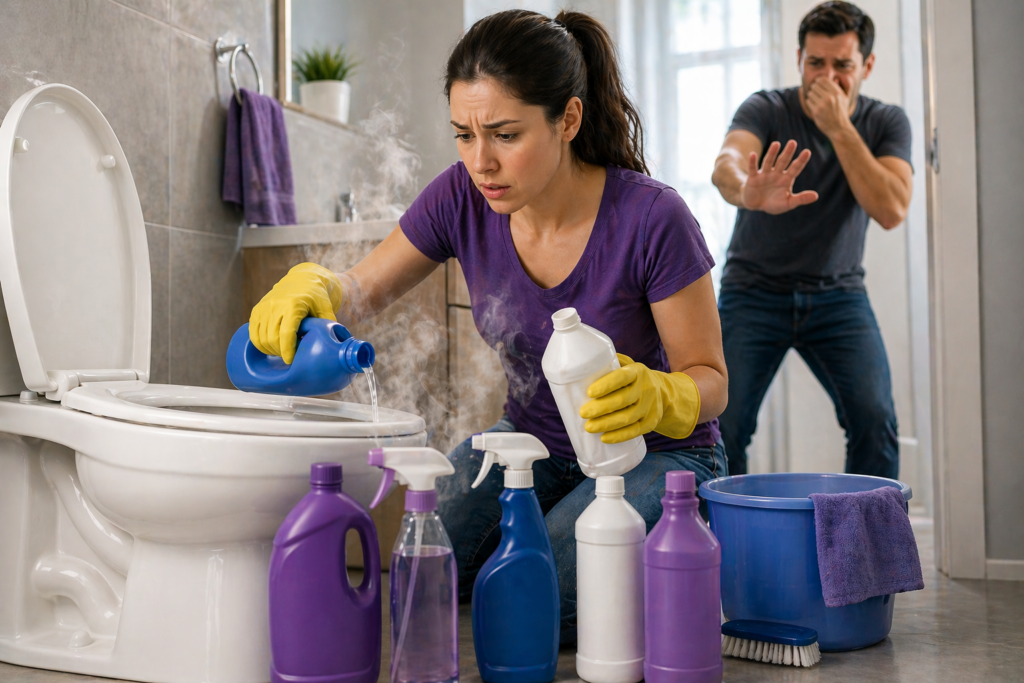 What Cleaning Products Should Not Be Mixed: 8 Dangerous Combinations 55 Woman mixing cleaning products in a toilet causing fumes, showing what cleaning products should not be mixed and the dangers of chemical reactions