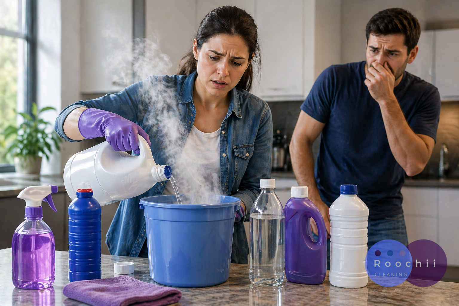 What Cleaning Products Should Not Be Mixed: 8 Dangerous Combinations 1 Woman mixing cleaning products in a bucket causing fumes, showing what cleaning products should not be mixed and the risks of chemical reactions