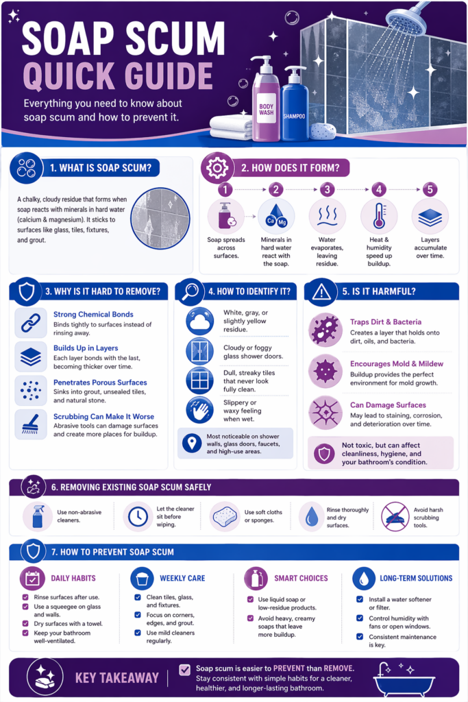 Infographic explaining what is soap scum, how it forms from hard water minerals, why it is hard to remove, how to identify it, and tips to prevent soap scum buildup in bathrooms