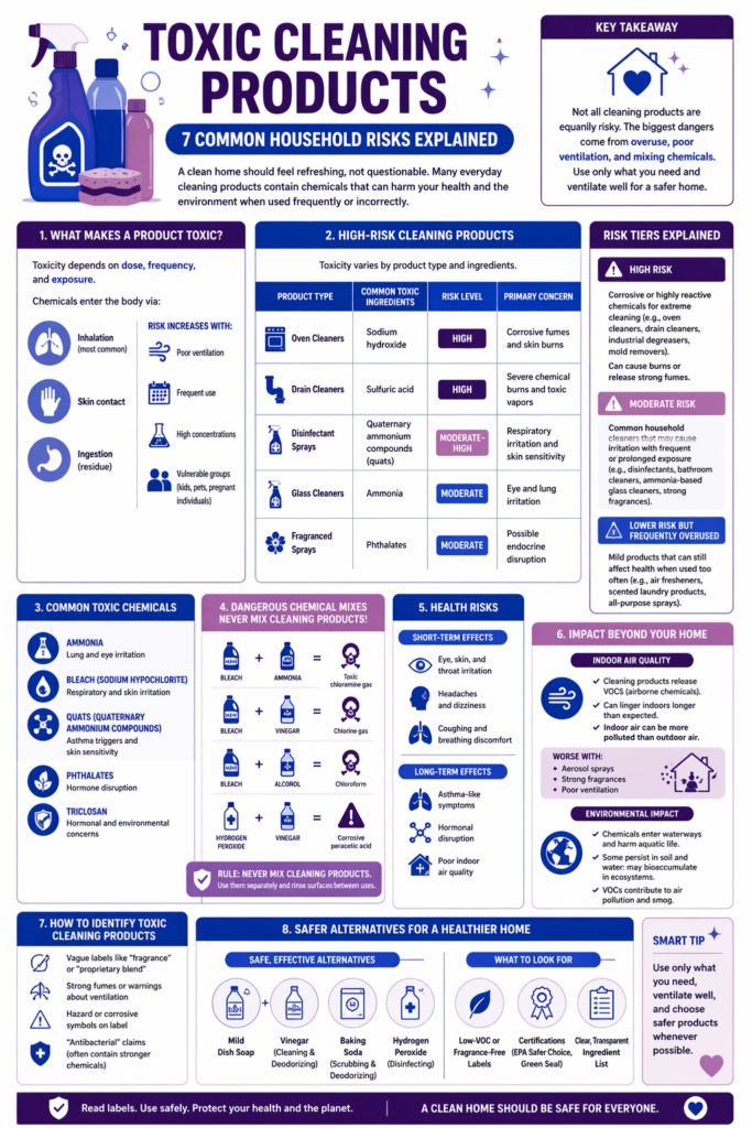 which cleaning products are toxic infographic showing household cleaning risks, toxic chemicals, dangerous mixes, and safer alternatives