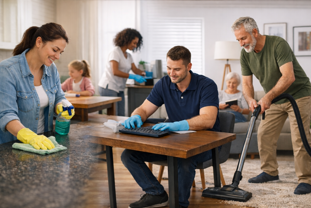 Why is cleaning important image showing a family cleaning their home together to maintain hygiene, organization, and a healthy living environment