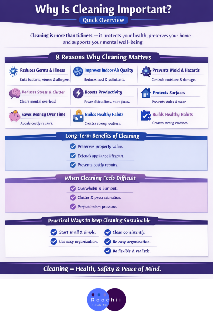 Why is cleaning important infographic showing health benefits, reduced germs, improved air quality, productivity boost, and long-term home protection