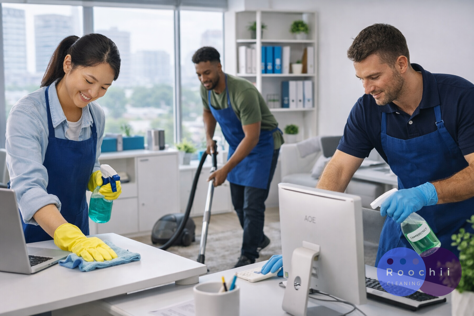 Why is cleaning important image showing a team cleaning an office workspace to improve productivity, hygiene, and organization