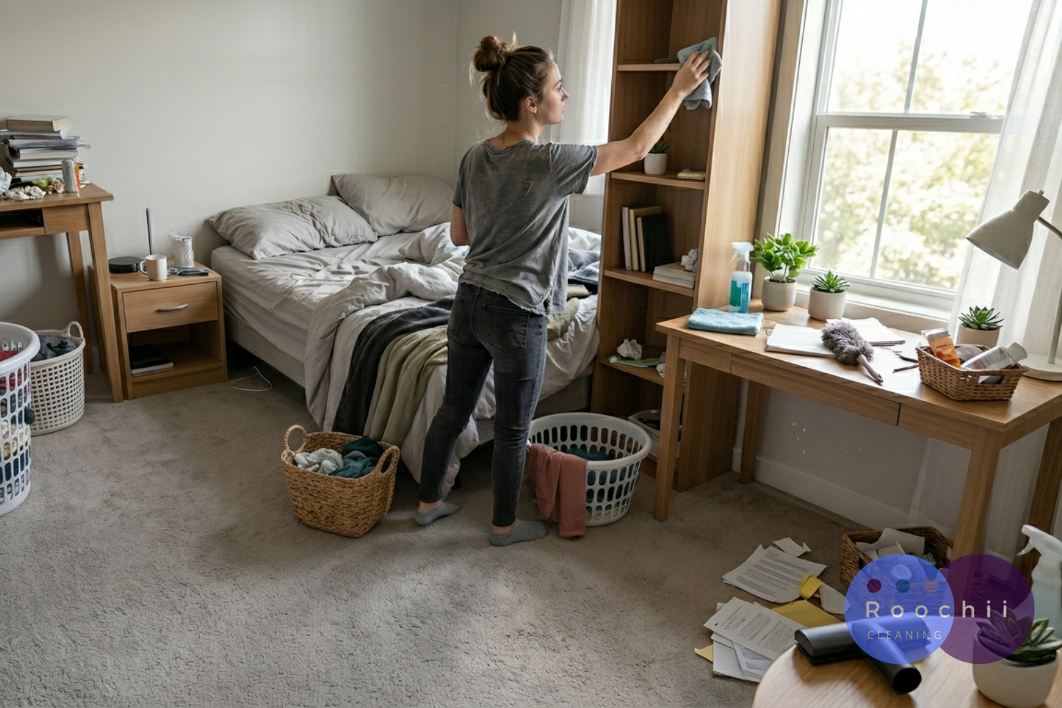 Woman cleaning her bedroom and organizing space showing why cleaning your room is important for health and productivity