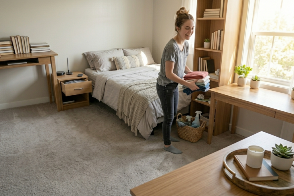 Woman folding clean clothes in a tidy bedroom showing why cleaning your room is important for organization and well-being