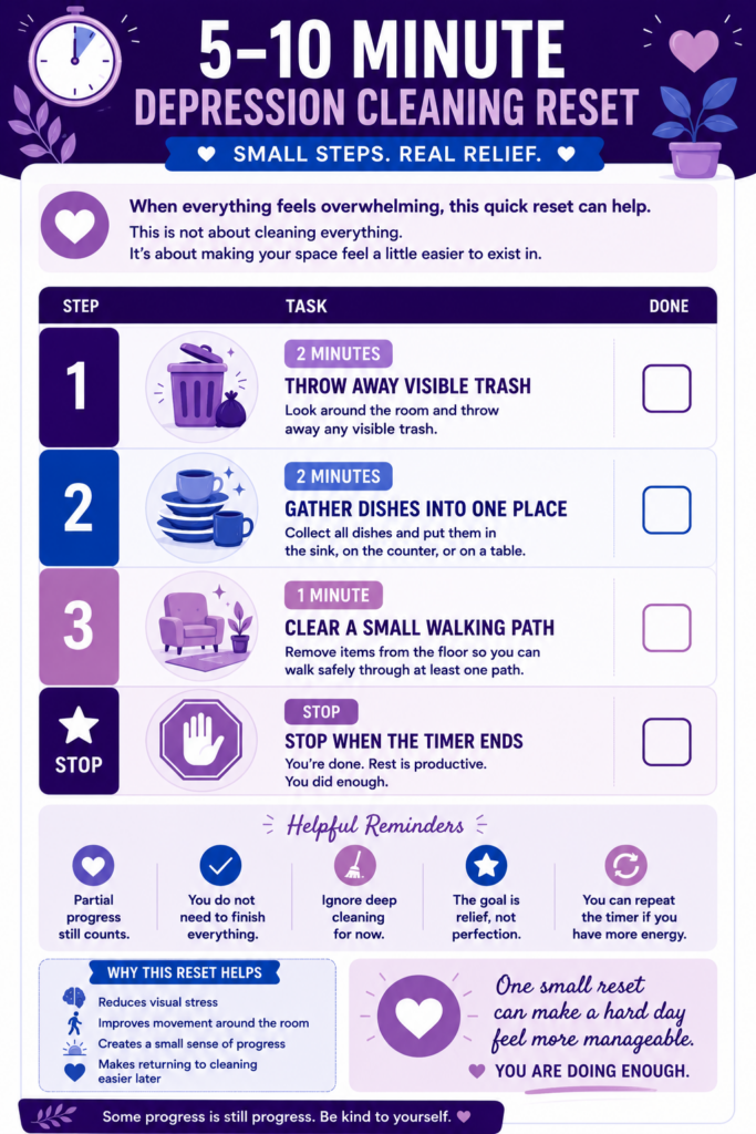 5–10 minute depression cleaning reset checklist infographic with quick low-energy cleaning tasks including trash removal, dish collection, walking path clearing, and supportive reminders.