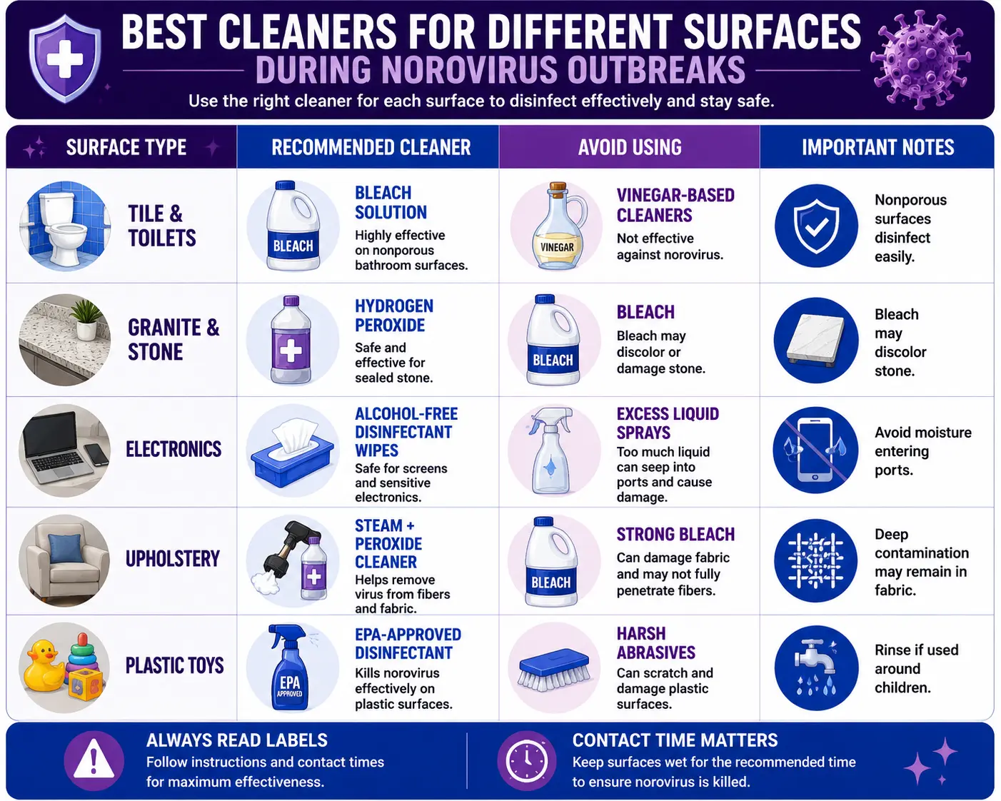What Cleaners Kill Norovirus? Effective Disinfectants That Actually Work 6 Infographic showing the best cleaners for different surfaces during norovirus outbreaks, including bleach for tile and toilets, hydrogen peroxide for stone, disinfectant wipes for electronics, steam and peroxide cleaners for upholstery, and EPA-approved disinfectants for plastic toys.
