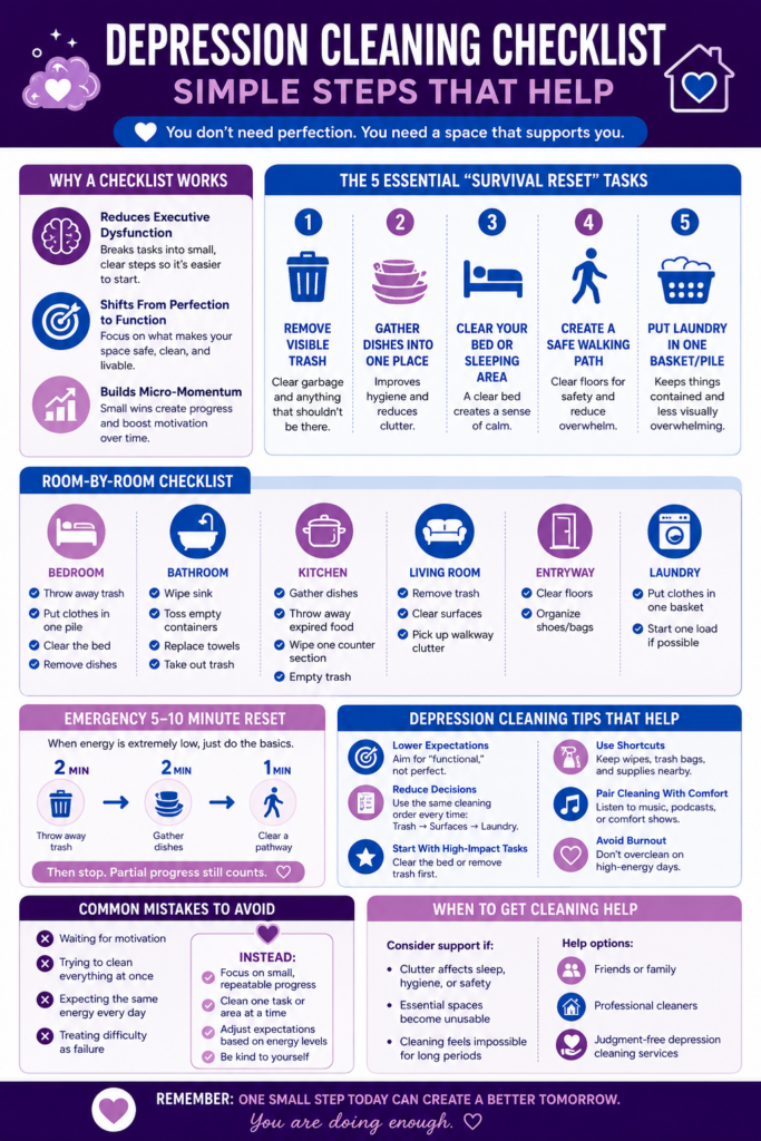 Infographic showing a depression cleaning checklist with survival reset tasks, room-by-room cleaning steps, emergency cleaning reset tips, and depression cleaning help strategies for low-energy days.