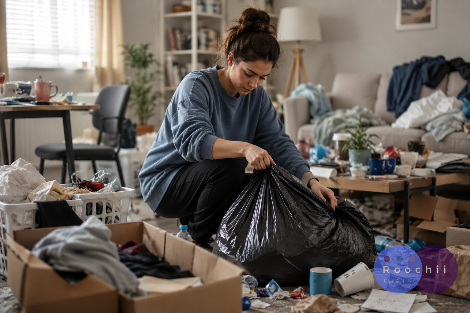 Depression Cleaning Checklist: Simple Help & Tips 1 Person using a depression cleaning checklist to remove trash and declutter a messy living room during a low-energy cleaning session.