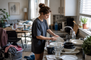 Person following a depression cleaning checklist while washing dishes and managing clutter in a kitchen during a low-energy cleaning routine.