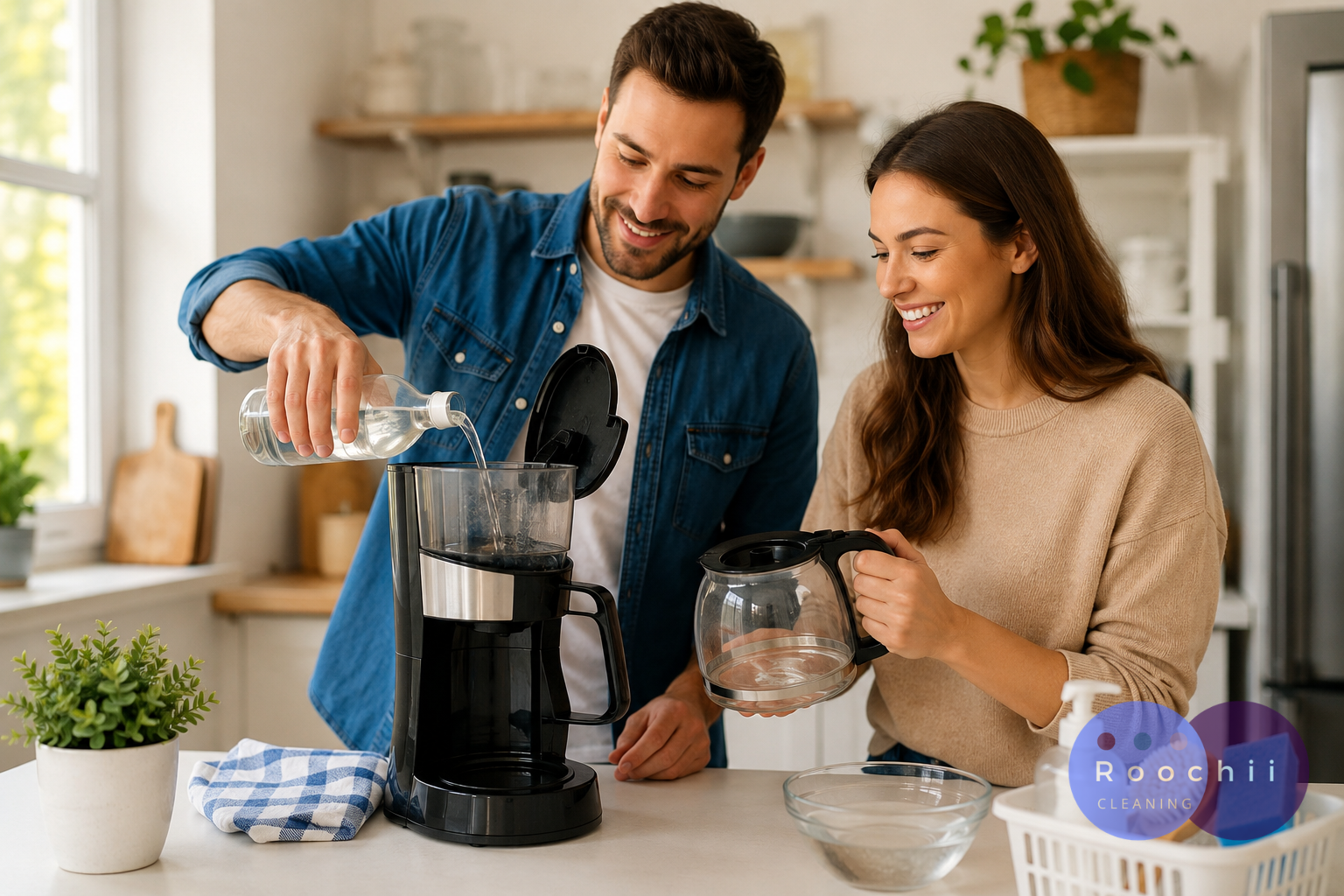 Couple cleaning a coffee maker with vinegar in a kitchen using a vinegar and water solution