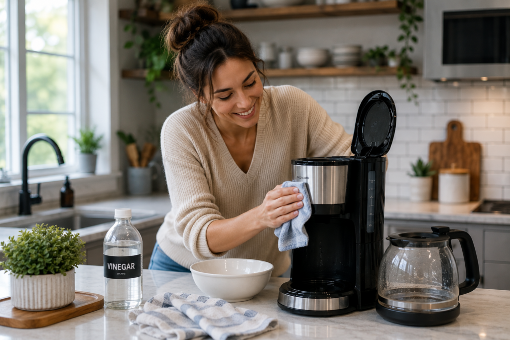 Woman cleaning a drip coffee maker with vinegar in a modern kitchen using a cloth and vinegar solution