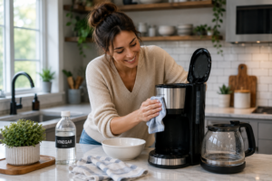 Woman cleaning a drip coffee maker with vinegar in a modern kitchen using a cloth and vinegar solution