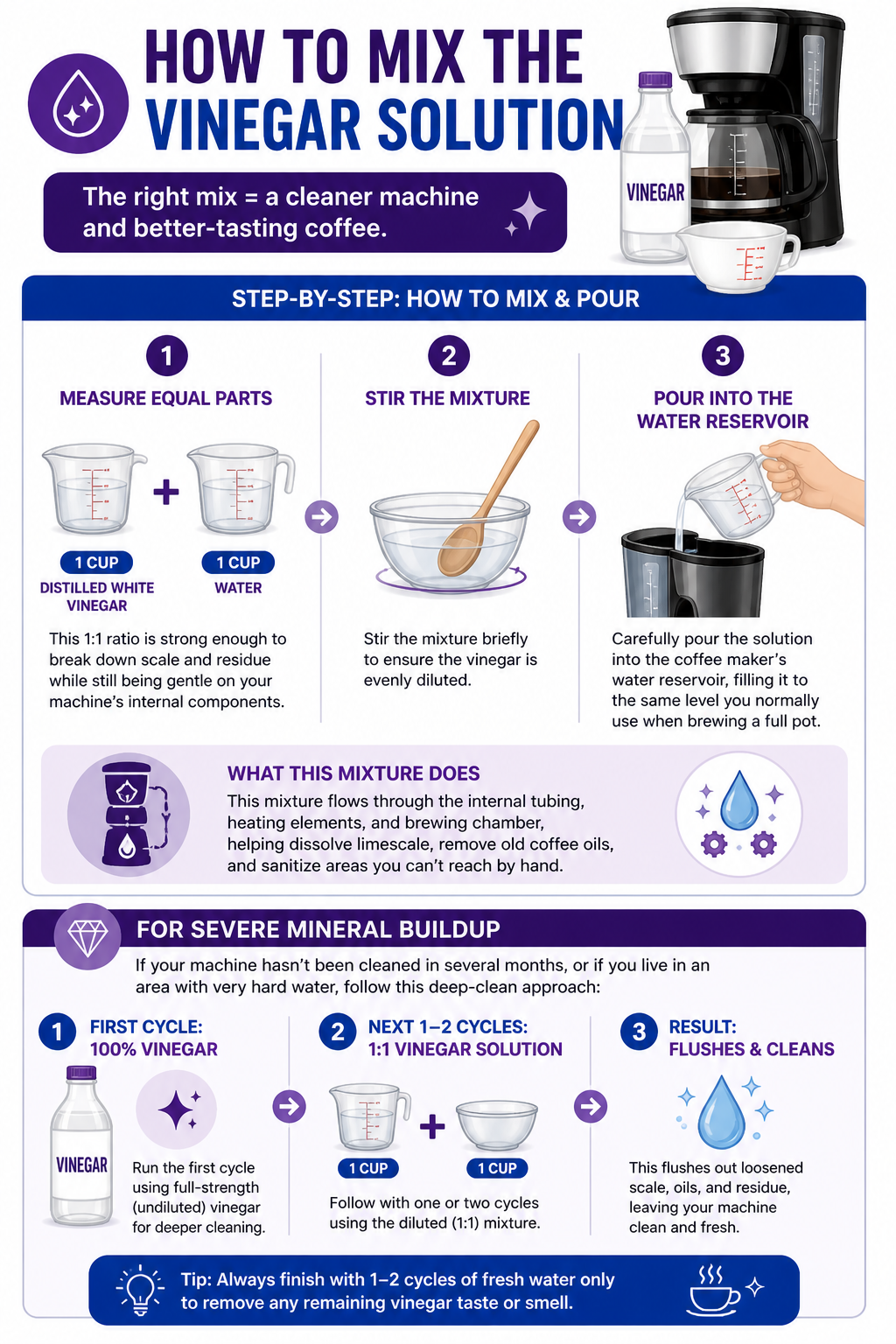 Step-by-step infographic showing how to clean coffee maker with vinegar by mixing a vinegar and water cleaning solution