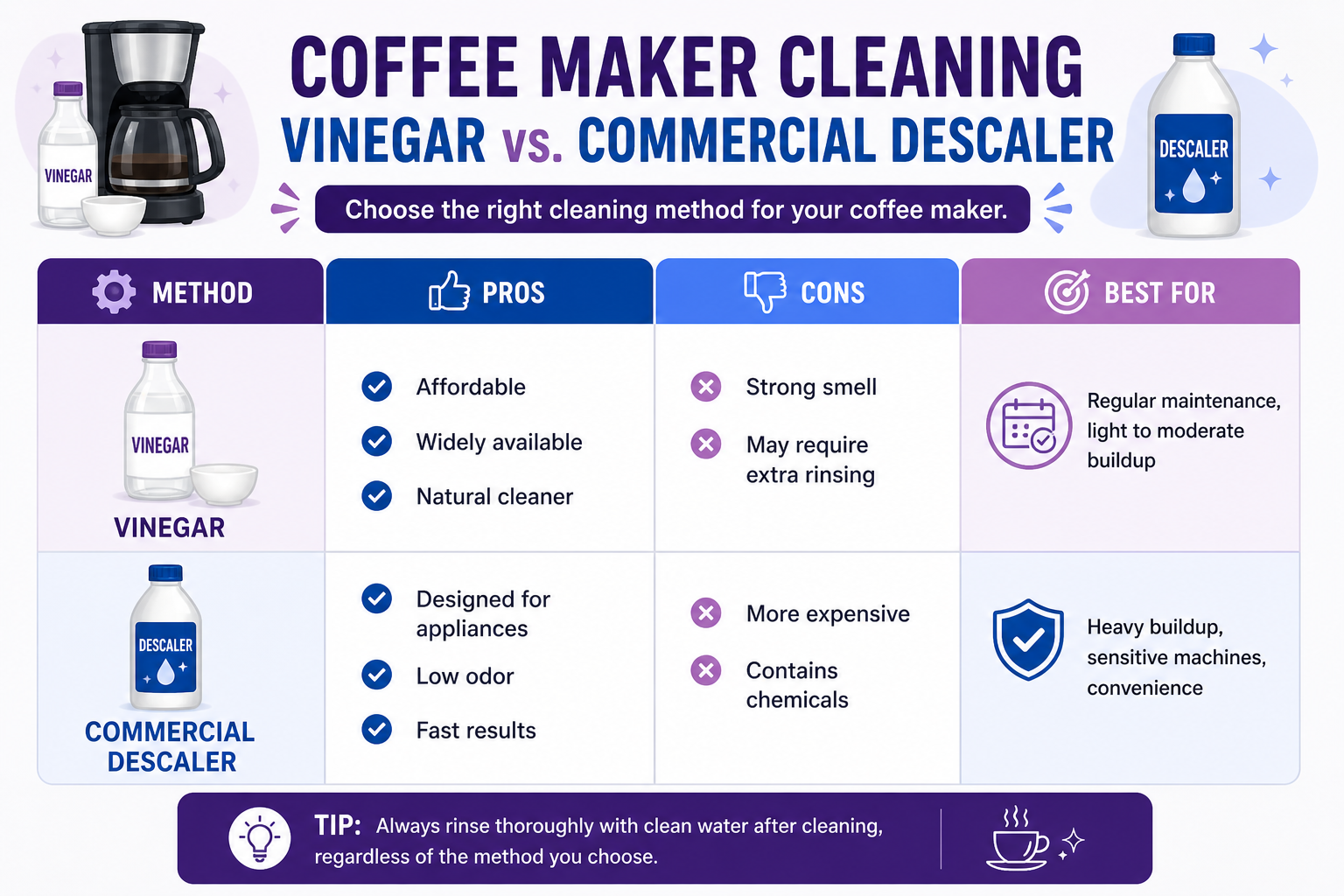 Comparison infographic showing how to clean coffee maker with vinegar versus using a commercial descaler