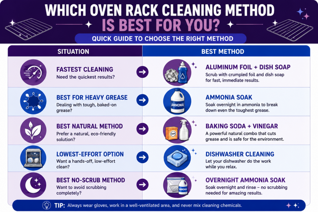 Guide showing how to clean oven racks quickly with the best cleaning method for heavy grease, natural cleaning, low-effort cleaning, and fast no-scrub options.