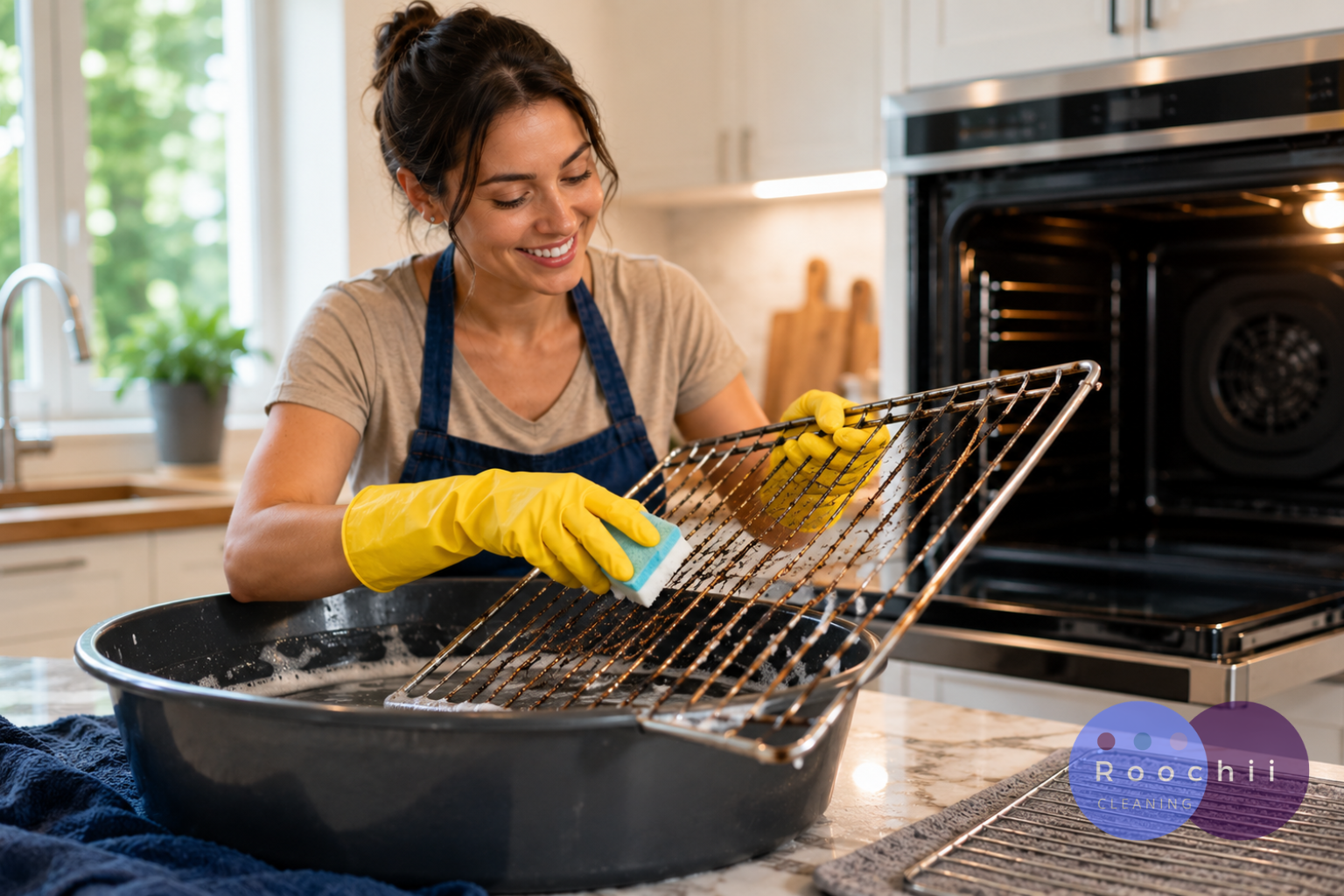 How to Clean Oven Racks Quickly: 7 Fast and Simple Cleaning Methods 1 Woman cleaning dirty oven racks by hand with soap and sponge in a kitchen sink while following methods for how to clean oven racks quickly.