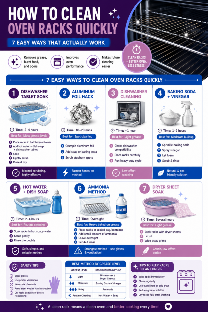 Infographic showing how to clean oven racks quickly using dishwasher tablets, baking soda, vinegar, ammonia, dryer sheets, and other fast cleaning methods.