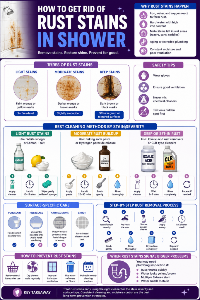 Infographic showing how to get rid of rust stains in shower surfaces using natural cleaners, commercial rust removers, surface-specific care methods, and prevention tips.