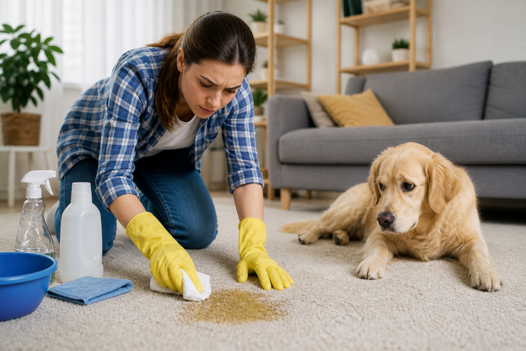 How to Remove Dog Urine from Carpets and Eliminate Odors Permanently 31 Person blotting dog urine stain from carpet using cloth while dog lies nearby
