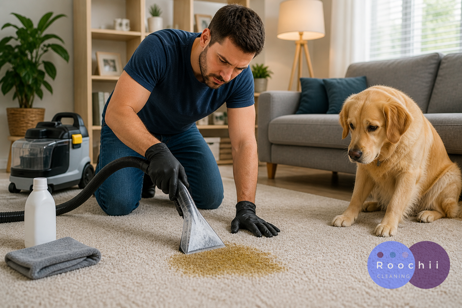 How to Remove Dog Urine from Carpets and Eliminate Odors Permanently 1 Person using a carpet cleaner to remove dog urine stain from carpet while a dog watches nearby
