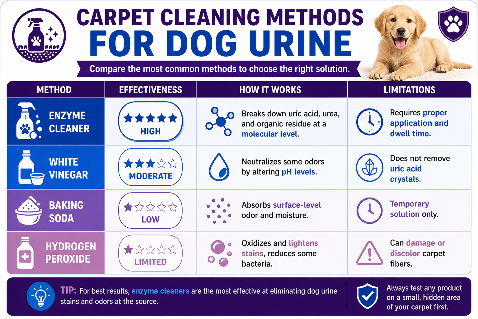 How to Remove Dog Urine from Carpets and Eliminate Odors Permanently 3 Infographic showing how to remove dog urine from carpets comparing enzyme cleaner, vinegar, baking soda, and hydrogen peroxide methods