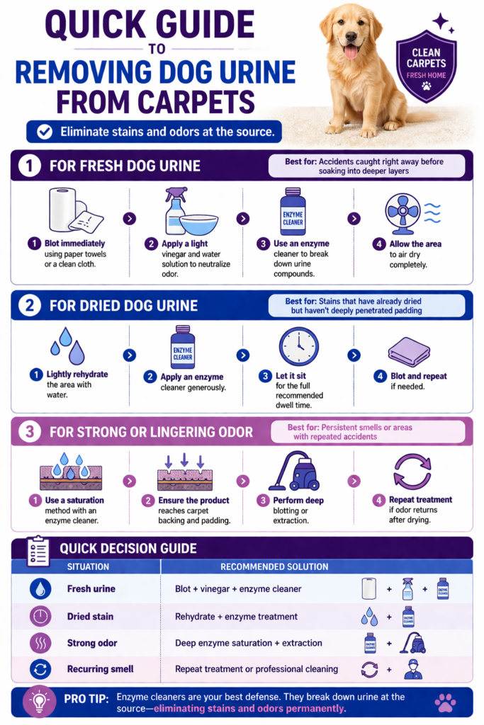 Quick guide showing how to remove dog urine from carpets using steps for fresh stains, dried urine, and strong odor removal