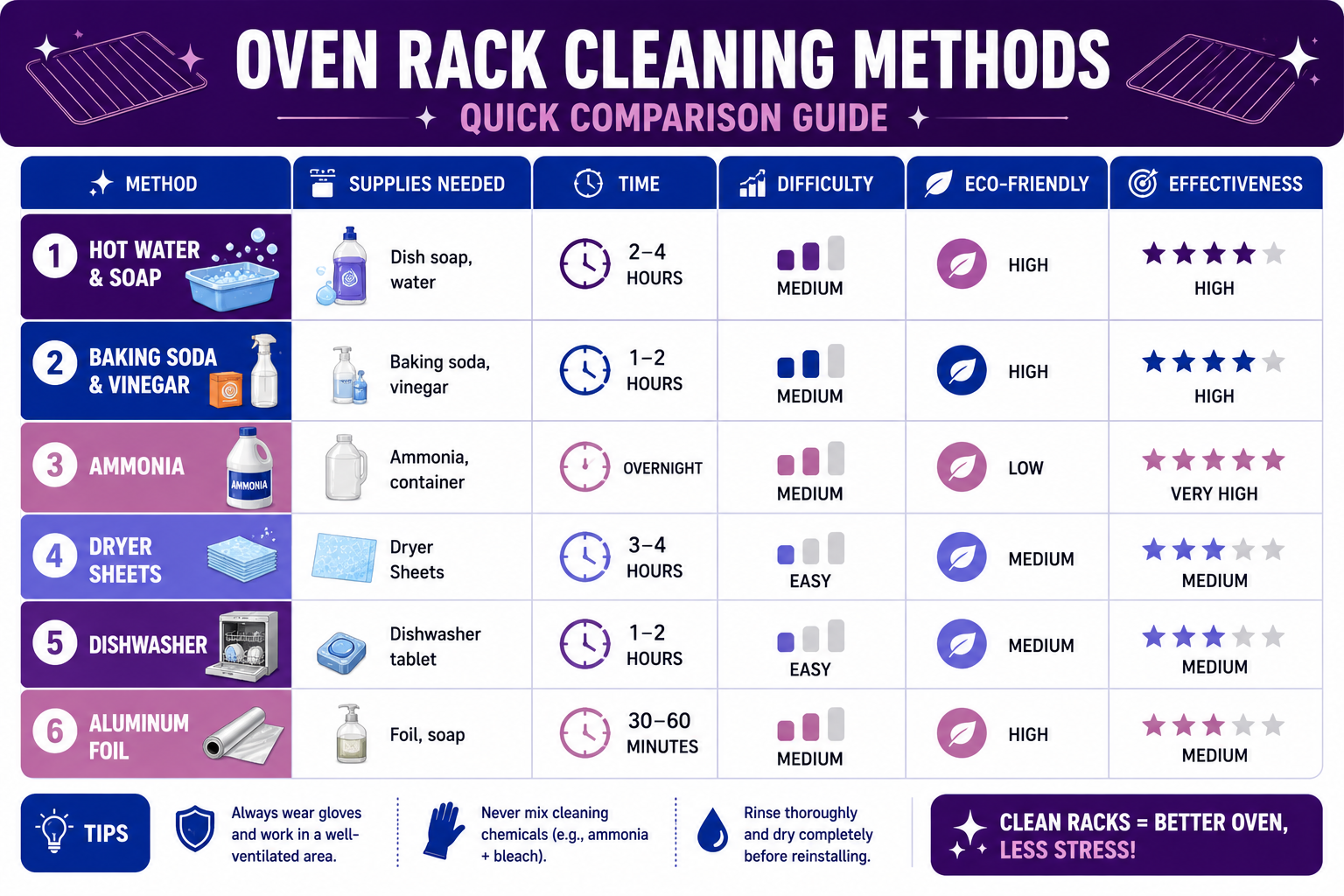 How to Clean Oven Racks Quickly: 7 Fast and Simple Cleaning Methods 3 Comparison chart showing how to clean oven racks quickly using baking soda, ammonia, dishwasher tablets, dryer sheets, aluminum foil, and hot soapy water methods.