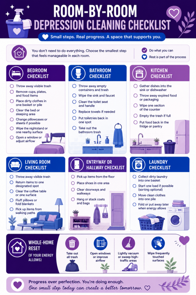 Room-by-room depression cleaning checklist infographic with simple cleaning tasks for the bedroom, bathroom, kitchen, living room, laundry area, and whole-home reset.