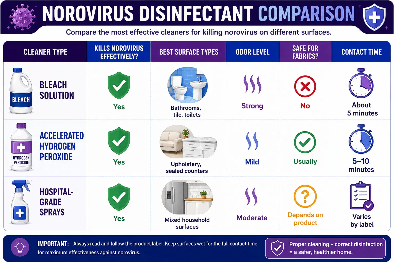 What Cleaners Kill Norovirus? Effective Disinfectants That Actually Work 3 Comparison infographic showing what cleaners kill norovirus, including bleach solution, accelerated hydrogen peroxide, and hospital-grade disinfectants with contact times, odor levels, surface compatibility, and fabric safety information.