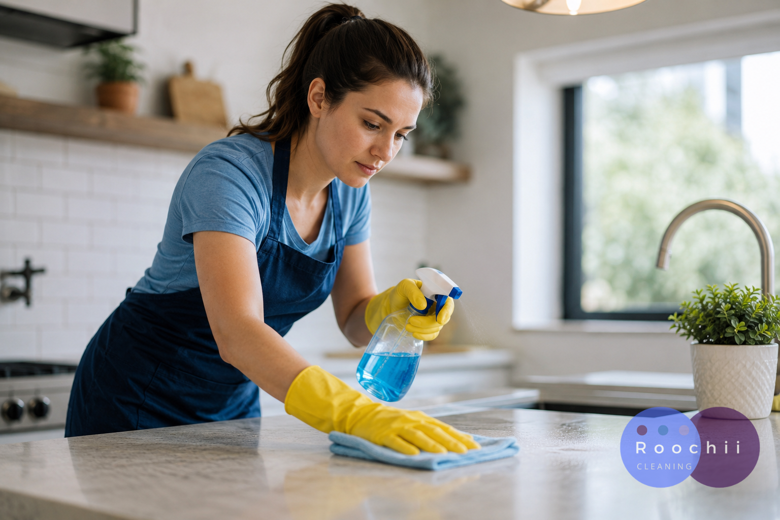 What Cleaners Kill Norovirus? Effective Disinfectants That Actually Work 1 Woman disinfecting a kitchen countertop with cleaning spray and gloves during household norovirus surface cleaning.