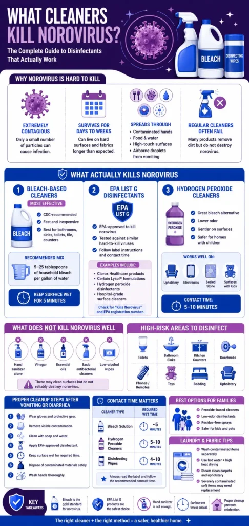 Infographic explaining what cleaners kill norovirus, including bleach-based cleaners, EPA List G disinfectants, hydrogen peroxide cleaners, contact times, high-risk surfaces, and proper norovirus cleanup steps.