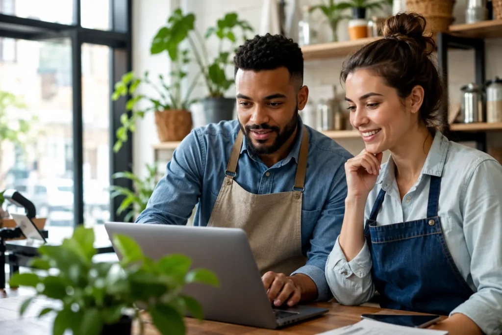 What Is Google Business Profile Verification? A Guide for Local Businesses 1 Small business owners reviewing account details together while managing Google Business Profile verification for their local business listing.